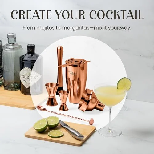 Mixology & Craft Rustic Cocktail Shaker Set – Includes Wood Stand, Complete Barware Kit with 24 Oz Shaker, Dual Jiggers, Pourers, Muddler, Strainer – Perfect for Home Bartenders (Copper) — 3