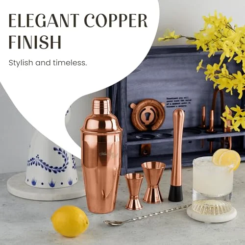 Mixology & Craft Rustic Cocktail Shaker Set – Includes Wood Stand, Complete Barware Kit with 24 Oz Shaker, Dual Jiggers, Pourers, Muddler, Strainer – Perfect for Home Bartenders (Copper) — 5