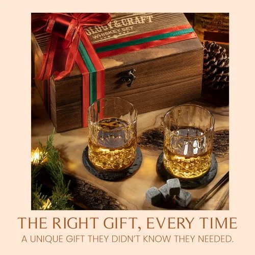 Mixology & Craft Whiskey Stones Gift Set: with Two 10oz Lead-Free Crystal Whiskey Glasses, 8 Whiskey Stones with Velvet Bag, 2 Slate Coasters & Recipe Cards in Wooden Crate | Great — 5