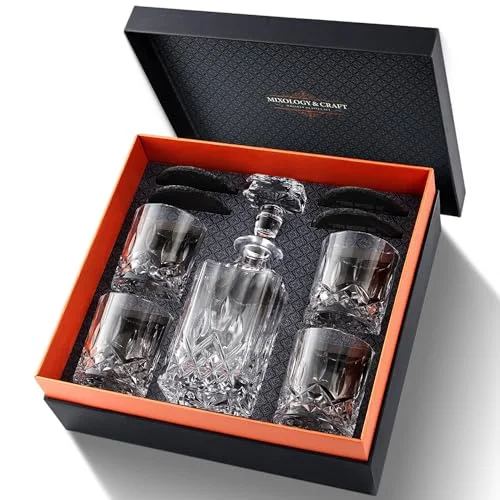 Mixology & Craft Luxury Whiskey Decanter Gift Set - 25oz Crystal Decanter, 4 Old-Fashioned Glasses, 4 Slate Coasters with Diamond Pattern Premium Black Gift Box