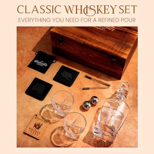 Mixology & Craft Crystal Whiskey Decanter Set 24oz With Glasses & Chilling Stones – Features Stainless Steel Whiskey Balls, Slate Coasters, Metal Tongs & Recipe Cards – Ideal Gift for Fathers — 2