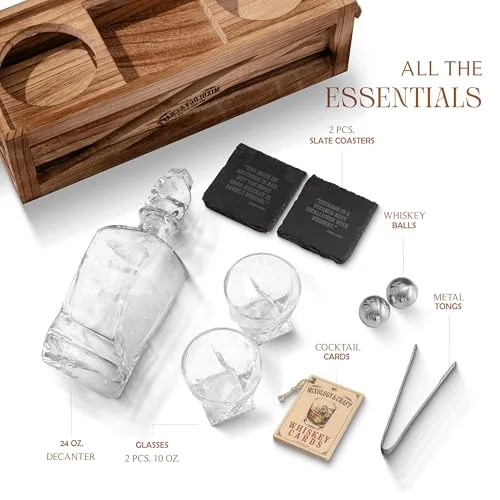 Mixology & Craft Crystal Whiskey Decanter Set 24oz With Glasses & Chilling Stones – Features Stainless Steel Whiskey Balls, Slate Coasters, Metal Tongs & Recipe Cards – Ideal Gift for Fathers — 5